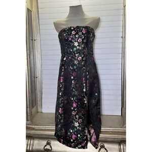 Lulus Midi Dress Size M Make a Move Black Satin Floral Jacquard Strapless Slit